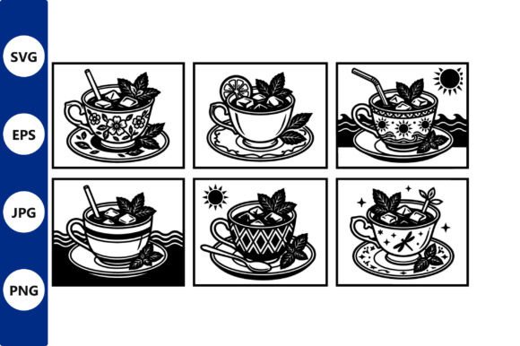 Black and White Tea Cup Vector Collage: Graphics & Illustrations